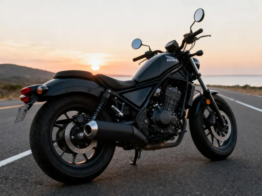 Honda Rebel 500 w matowej czerni na pustej drodze, zbliżenie silnika i tylnego koła na tle zachodzącego słońca