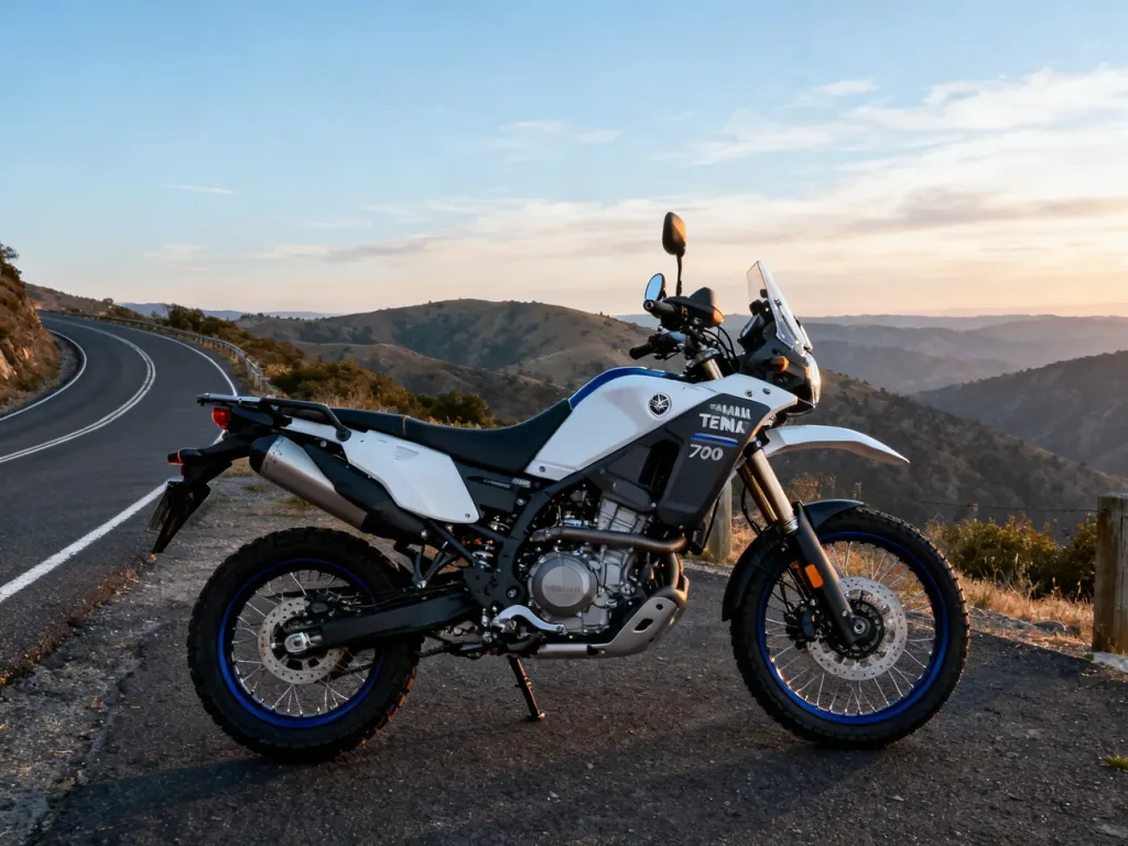 Yamaha Tenere 700 zaparkowana przy górskim zakręcie, podkreślony silnik i linia nadwozia, w tle kręta szosa w górach