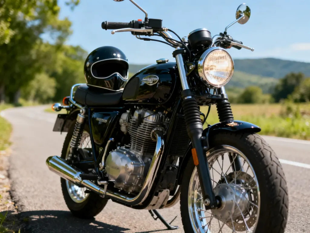 Yamaha Virago 125 zaparkowana na spokojnej wiejskiej drodze, błyszczący czarny cruiser wśród zieleni i pagórków w tle