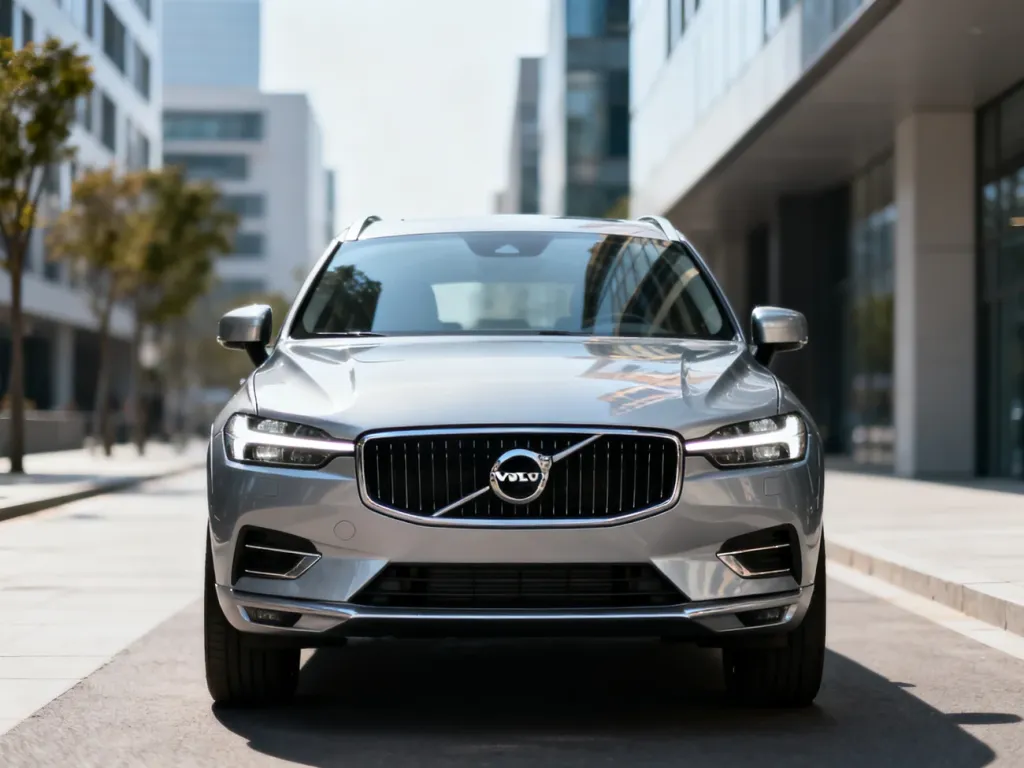 Srebrne Volvo XC60 zaparkowane na miejskiej ulicy, ukazujące nowoczesny design i przednie reflektory LED.
