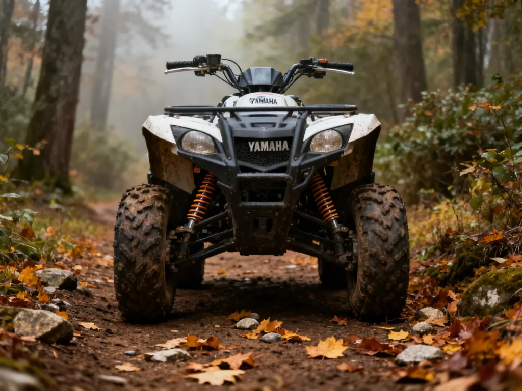Yamaha Grizzly 700 na leśnej ścieżce, podkreślone masywne opony i zawieszenie, jesienny klimat i terenowy charakter quadа