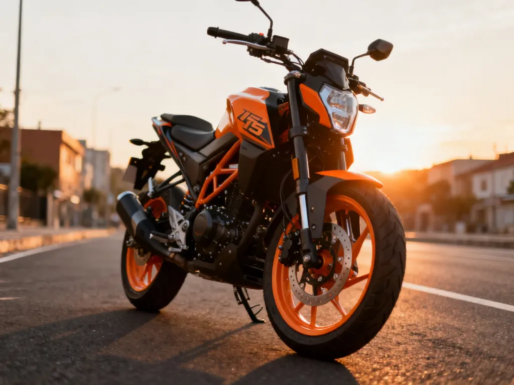 KTM Duke 125 w pomarańczowo-czarnym malowaniu zaparkowany na ulicy, widok z przodu podkreślający sylwetkę i detale silnika