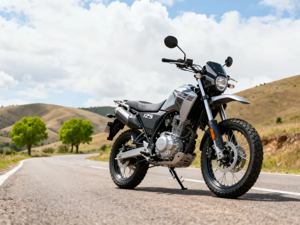 Motocykl Junak RX One 125 w stylu adventure na wiejskiej drodze, podkreślający detale konstrukcji i charakter turystyczny.