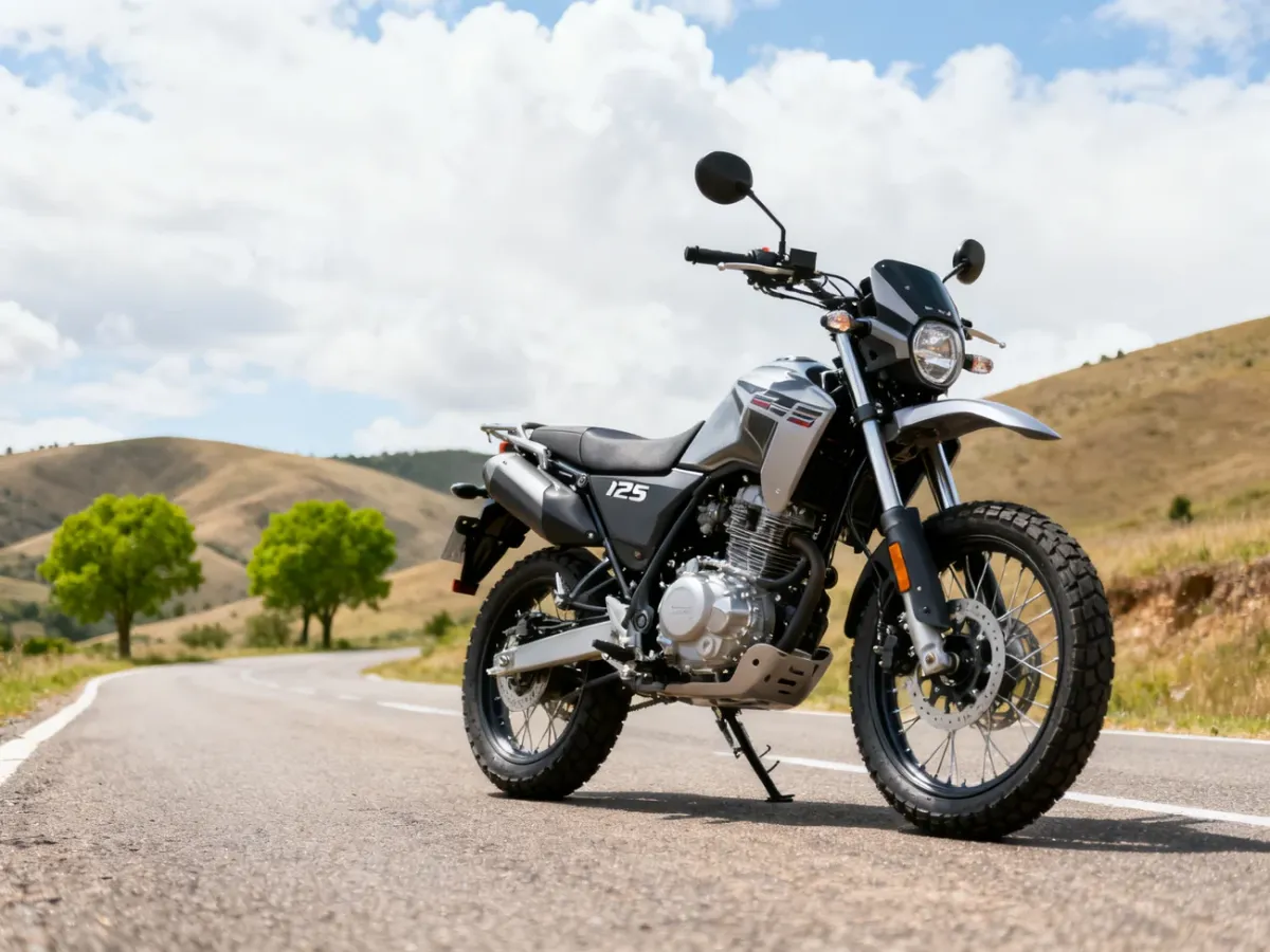 Motocykl Junak RX One 125 w stylu adventure na wiejskiej drodze, podkreślający detale konstrukcji i charakter turystyczny.